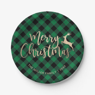 Assiettes En Carton Joyeux Noël d'or Noir & Vert Plaid