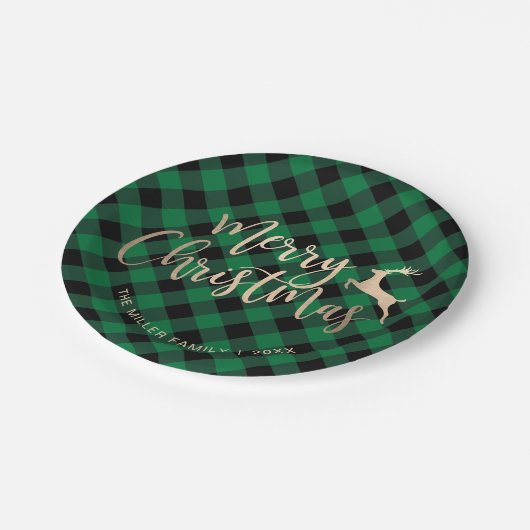 Assiettes En Carton Joyeux Noël d'or Noir & Vert Plaid (Angle)