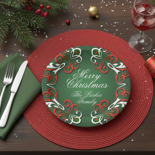 Assiettes En Carton Joyeux Noël Elégant Baroque Rouge Vert & Blanc