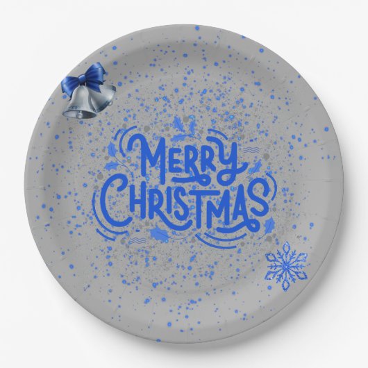 Assiettes En Carton Joyeux Noël en bleu sur argent | (Devant)