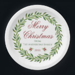 Assiettes En Carton Joyeux Noël Famille Wreath d'hiver<br><div class="desc">Belle couronne de verdure minimaliste "Joyeux Noël" plaques personnalisables en papier.</div>