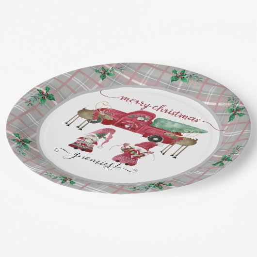 Assiettes En Carton Joyeux Noël Gnome Arbre ferme aquarelle (Angle)