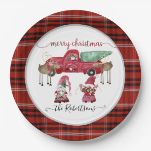Assiettes En Carton Joyeux Noël Gnome Camion d'aquarelle rouge plaid
