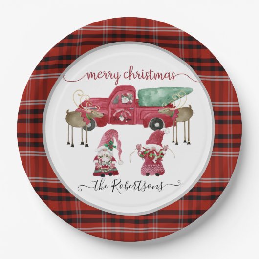 Assiettes En Carton Joyeux Noël Gnome Camion d'aquarelle rouge plaid (Devant)
