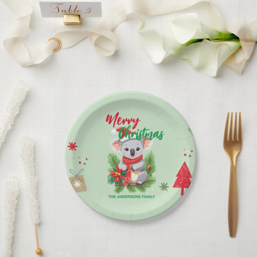 Assiettes En Carton Joyeux Noël Koala Père Noël rouge et vert Sc (Mariage)