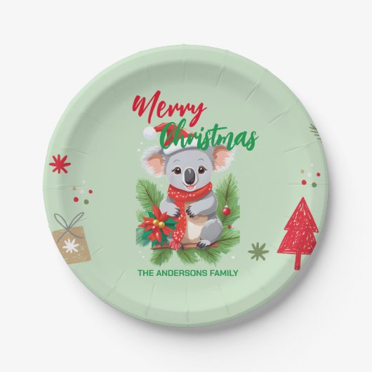 Assiettes En Carton Joyeux Noël Koala Père Noël rouge et vert Sc (Devant)