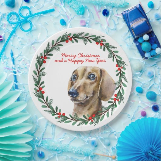Assiettes En Carton Joyeux Noël mignon Dachshund Chien Vacances Wreath (Fête)