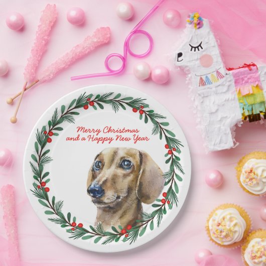 Assiettes En Carton Joyeux Noël mignon Dachshund Chien Vacances Wreath (Fête)