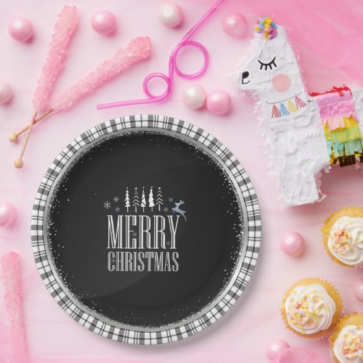 Assiettes En Carton Joyeux Noël Noir Blanc Plaid Élégant (Fête)
