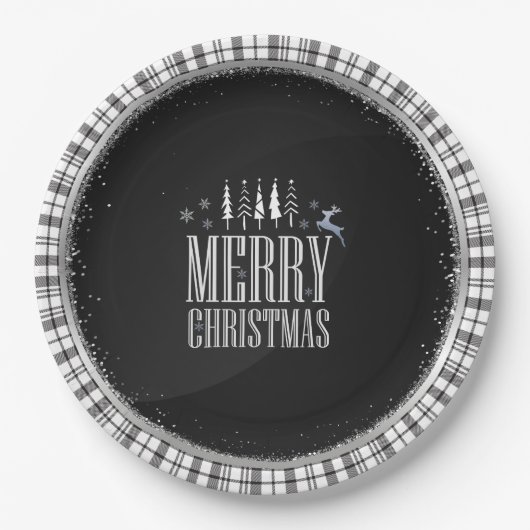 Assiettes En Carton Joyeux Noël Noir Blanc Plaid Élégant (Devant)