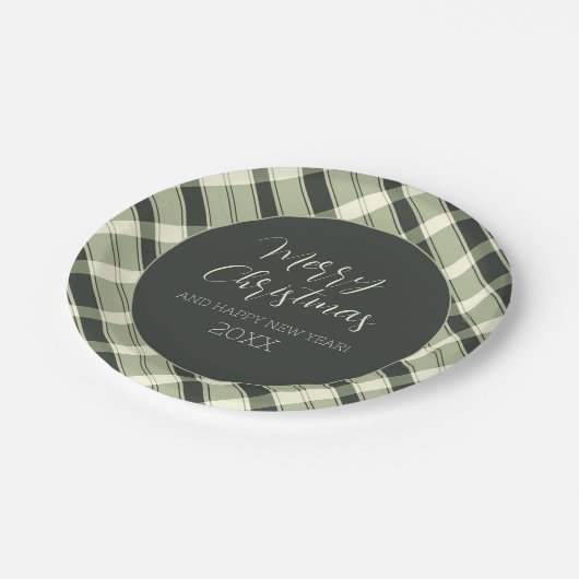 Assiettes En Carton Joyeux Noël Olive Green Plaid Script Rustique (Angle)