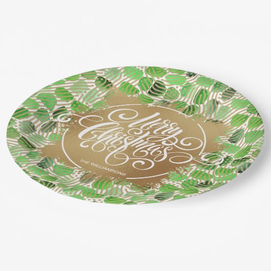 Assiettes En Carton Joyeux Noël or moderne sur vert (Angle)