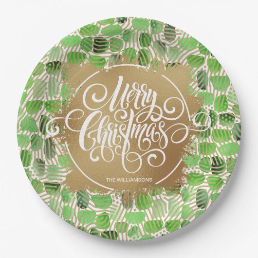 Assiettes En Carton Joyeux Noël or moderne sur vert (Devant)