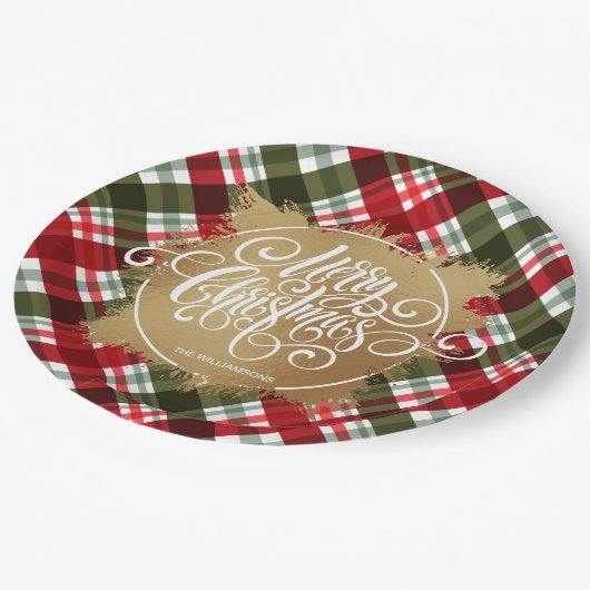 Assiettes En Carton Joyeux Noël Or Plaid (Angle)