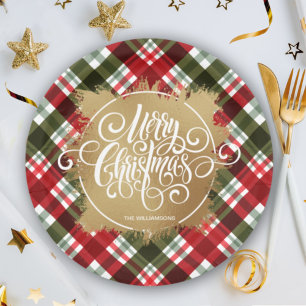 Assiettes En Carton Joyeux Noël Or Plaid