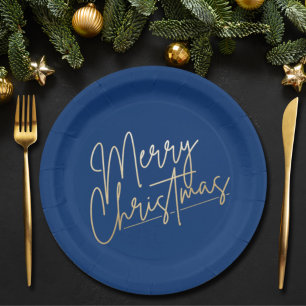 Assiettes En Carton Joyeux Noël or sur bleu