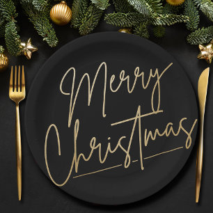 Assiettes En Carton Joyeux Noël or sur noir