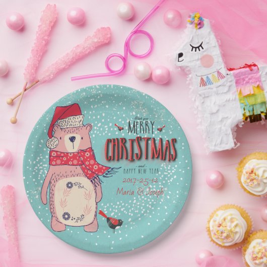 Assiettes En Carton Joyeux Noël - Ours de Noël et texte modifiable sur (Fête)