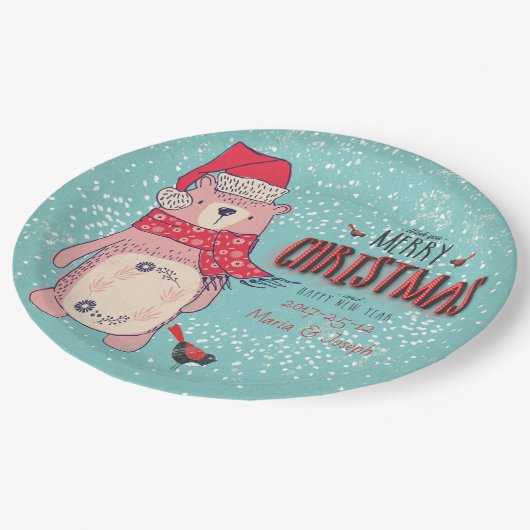 Assiettes En Carton Joyeux Noël - Ours de Noël et texte modifiable sur (Angle)