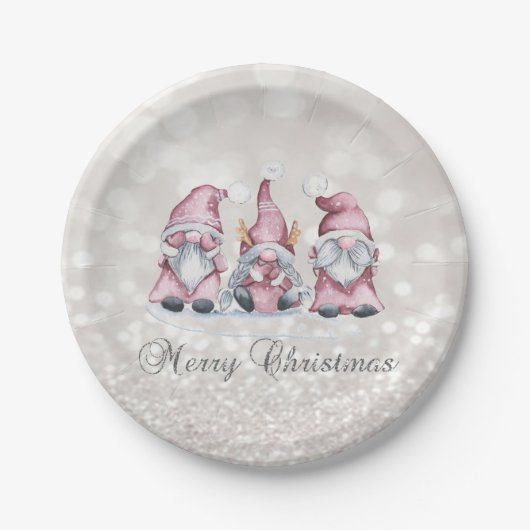 Assiettes En Carton Joyeux Noël, Parties scintillant Bokeh, Gnomes mig (Devant)