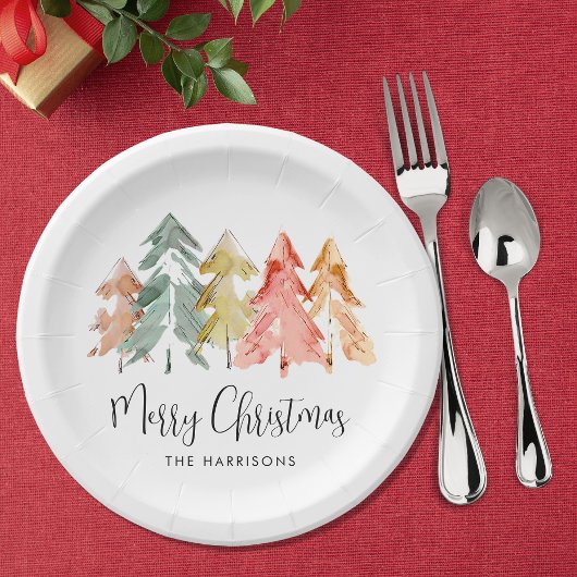 Assiettes En Carton Joyeux Noël Pine Arbre Aquarelle Vacances