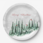 Assiettes En Carton Joyeux Noël Pinède Forêt Cardinal Oiseaux (Devant)