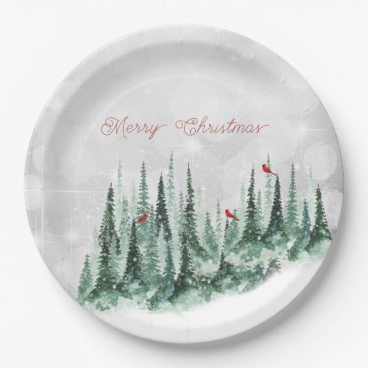 Assiettes En Carton Joyeux Noël Pinède Forêt Cardinal Oiseaux (Devant)