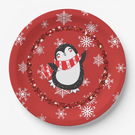 Assiettes En Carton Joyeux Noël Pingouin Fête Plaques papier (Devant)