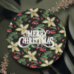 Assiettes En Carton Joyeux Noël Poinsettias<br><div class="desc">Joyeux Noël sur un arrière - plan de poinsettias blanches,  feuilles et baies sur noir sont présentés sur ces plaques de papier de vacances. CORRESPONDANCE d'objets dans notre collection.</div>