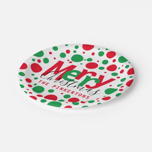 Assiettes En Carton Joyeux Noël Red Green Dots Typographie Monogramme (Angle)