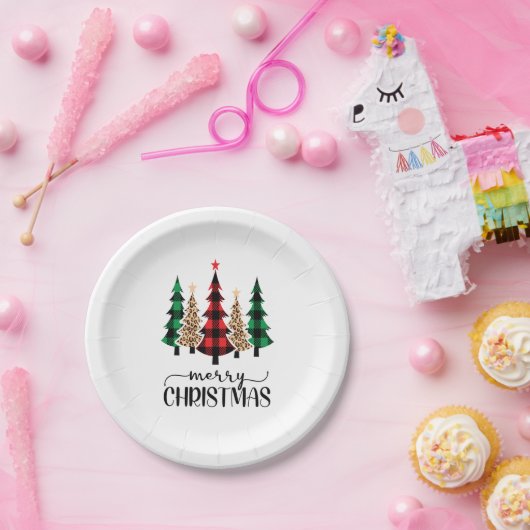 Assiettes En Carton Joyeux Noël Red Green Plaid Arbres (Fête)