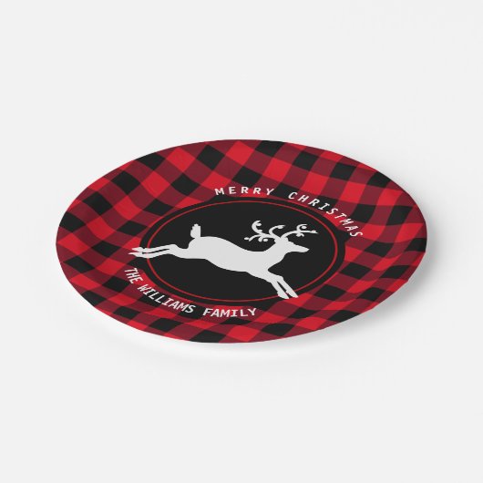 Assiettes En Carton Joyeux Noël Reindeer Rouge Black Buffalo Check (Angle)