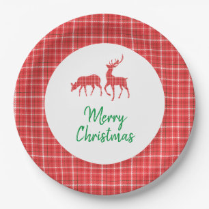 Assiettes En Carton Joyeux Noël Reindeer Rouge Blanc Twill Plaid