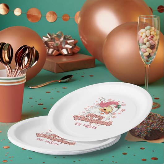 Assiettes En Carton Joyeux Noël Retro Typographie Père Noël Pink Casqu (Multi)