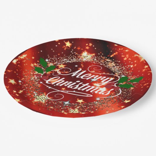 Assiettes En Carton Joyeux Noël, rouge et or étincelant, (Angle)