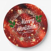 Assiettes En Carton Joyeux Noël, rouge et or étincelant, (Devant)