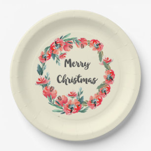Assiettes En Carton Joyeux Noël Rouge Floral Aquarelle Wreath