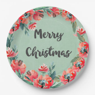 Assiettes En Carton Joyeux Noël Rouge Floral Aquarelle Wreath