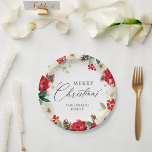 Assiettes En Carton Joyeux Noël Rouge Floral Personnalisé