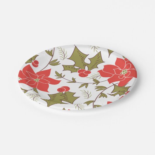 Assiettes En Carton Joyeux Noël rouge poinsettia vert eul (Angle)
