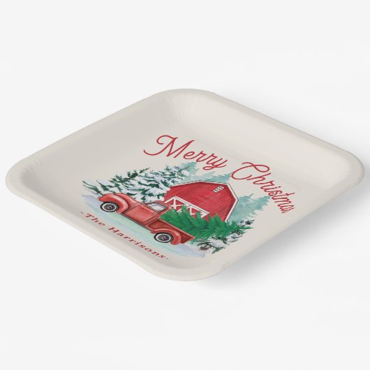 Assiettes En Carton Joyeux Noël Russe Camion Rouge Ecru (Angulaire)