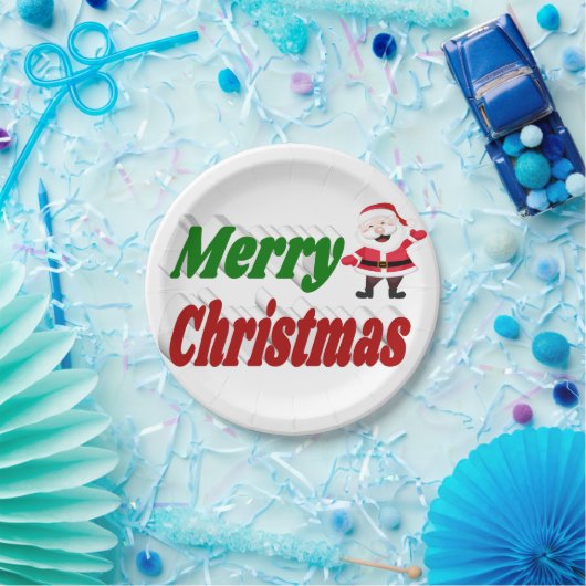 Assiettes En Carton Joyeux Noël Santa Claus rouge vert typographie (Fête)