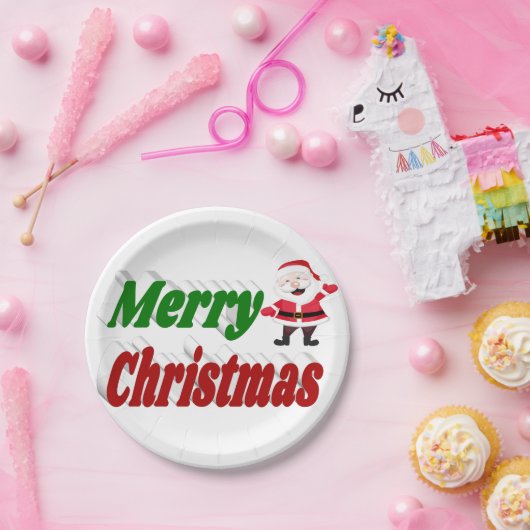 Assiettes En Carton Joyeux Noël Santa Claus rouge vert typographie (Fête)