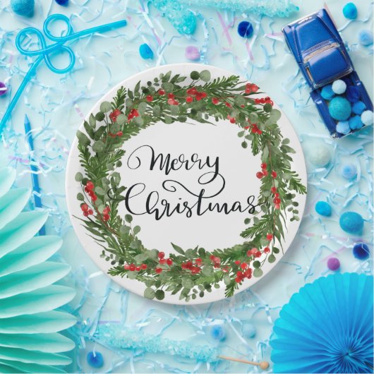 Assiettes En Carton Joyeux Noël Script Red Holly Feuille Wreath (Fête)