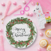 Assiettes En Carton Joyeux Noël Script Red Holly Feuille Wreath (Fête)