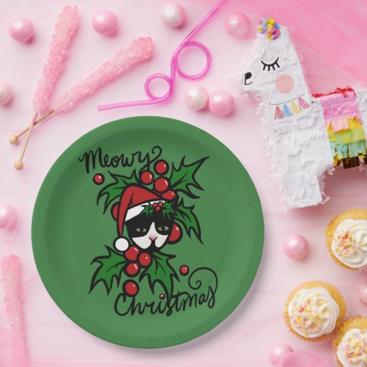 Assiettes En Carton Joyeux Noël Tuxedo Chat (Fête)