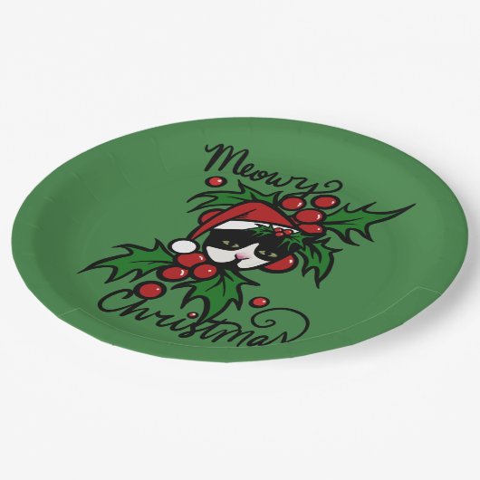 Assiettes En Carton Joyeux Noël Tuxedo Chat (Angle)