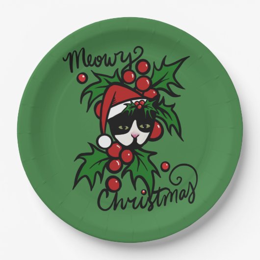 Assiettes En Carton Joyeux Noël Tuxedo Chat (Devant)