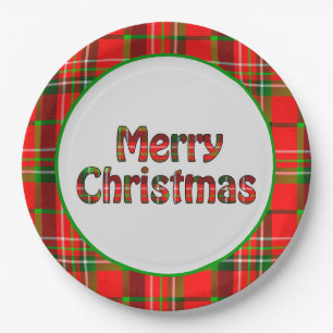 Assiettes En Carton Joyeux Noël Typographie Tartan Rouge Vert Vif