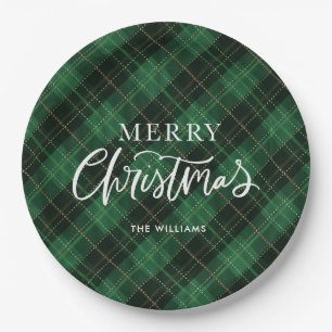 Assiettes En Carton Joyeux Noël vert plaid